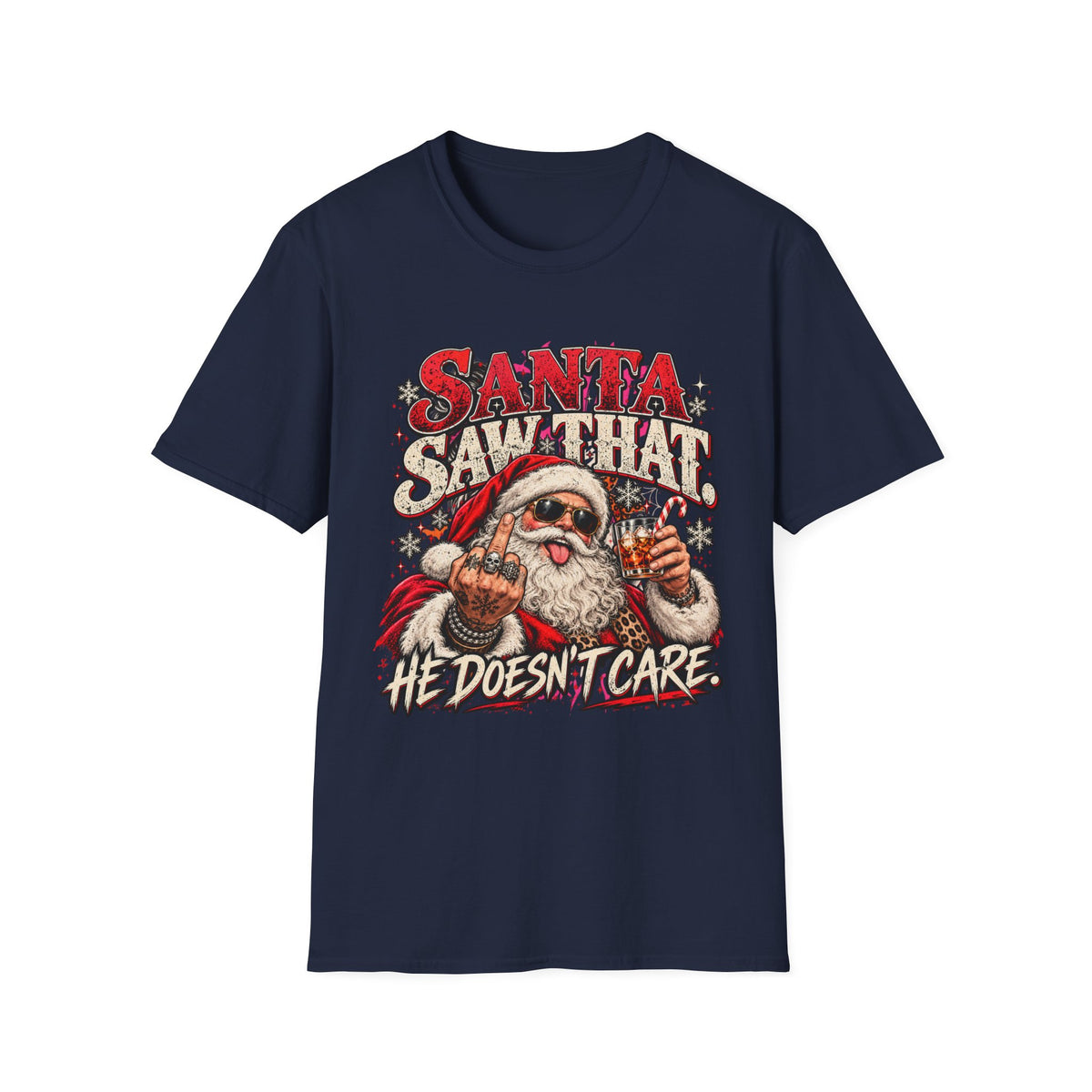 Funny Santa Christmas Shirt | Santa Saw That He Doesn't Care Tee | Rude Santa Graphic T-Shirt | Adult Holiday Humor