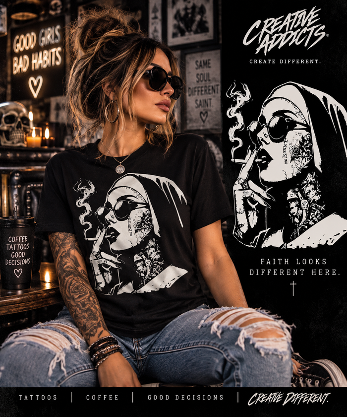 Tattooed Nun Graphic Tee | Edgy Alternative Shirt | Gothic Tattoo T-Shirt | Black Graphic Tee