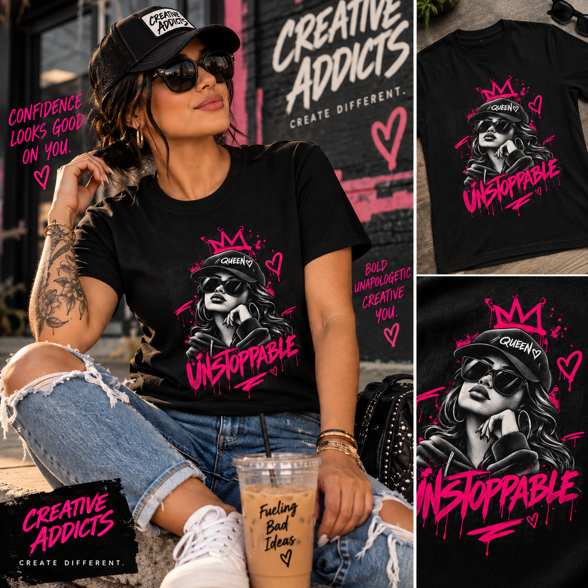 Unstoppable Queen Graphic Tee | Women’s Urban Streetwear Halftone T-Shirt | Bold Queen Graphic Shirt