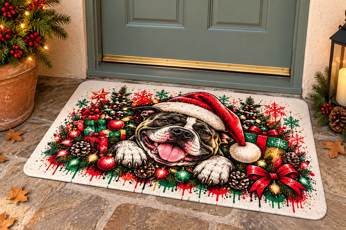 Christmas Pitbull Doormat | Funny Dog Christmas Rug | Holiday Welcome Mat | Festive Front Door Decor | Pitbull Lover Gift