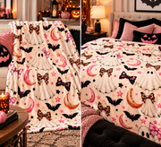Pink Halloween Ghost Blanket | Coquette Spooky Throw | Cute Bats & Bows Velveteen Plush Blanket | Cozy Halloween Gift