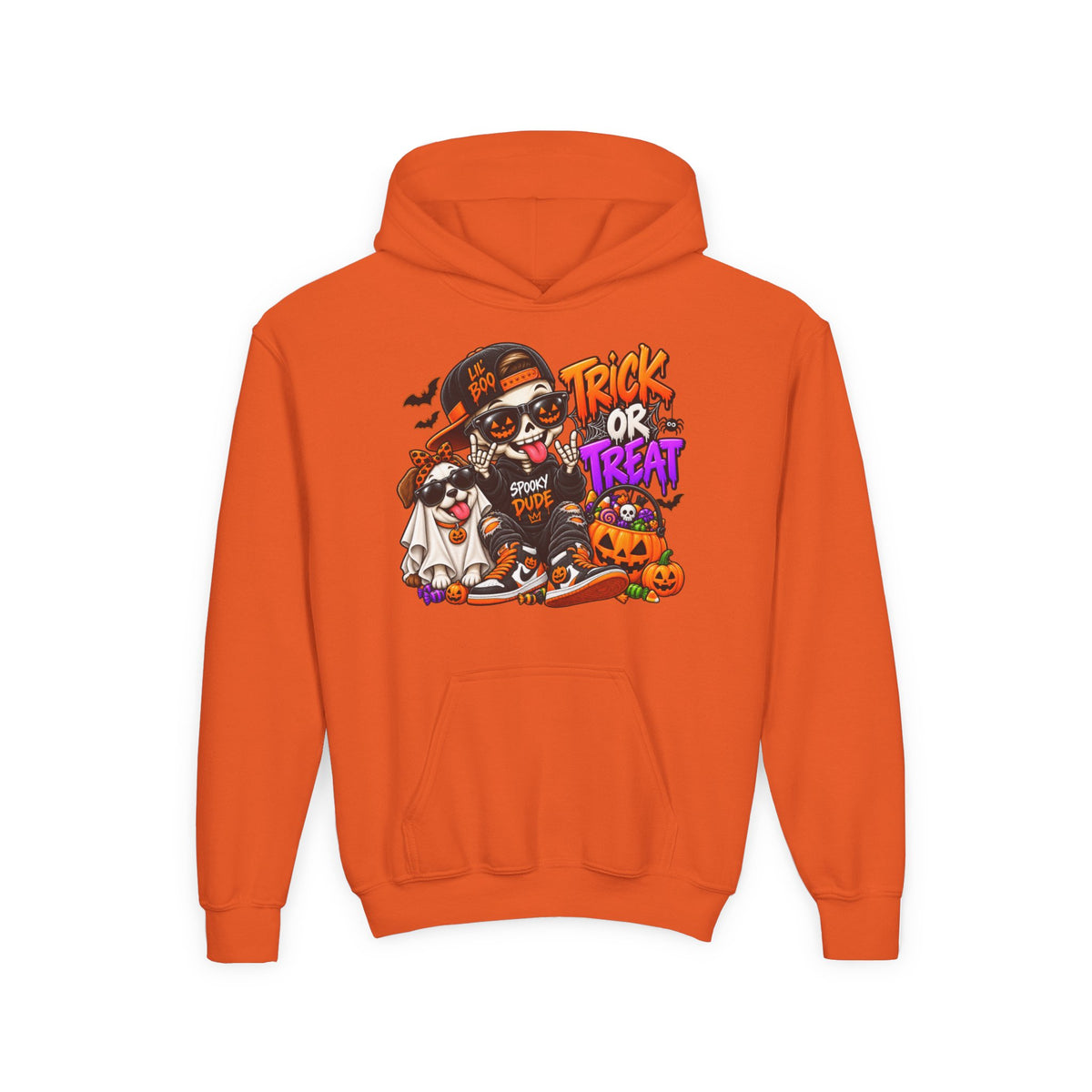 Trick or Treat Skeleton Kids Hoodie | Halloween Pumpkin Costume Design