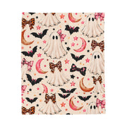 Pink Halloween Ghost Blanket | Coquette Spooky Throw | Cute Bats & Bows Velveteen Plush Blanket | Cozy Halloween Gift