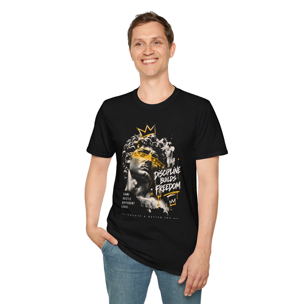 Discipline Builds Freedom Graphic Tee | Men’s Urban Streetwear Halftone Shirt | Hustle Graphic T-Shirt