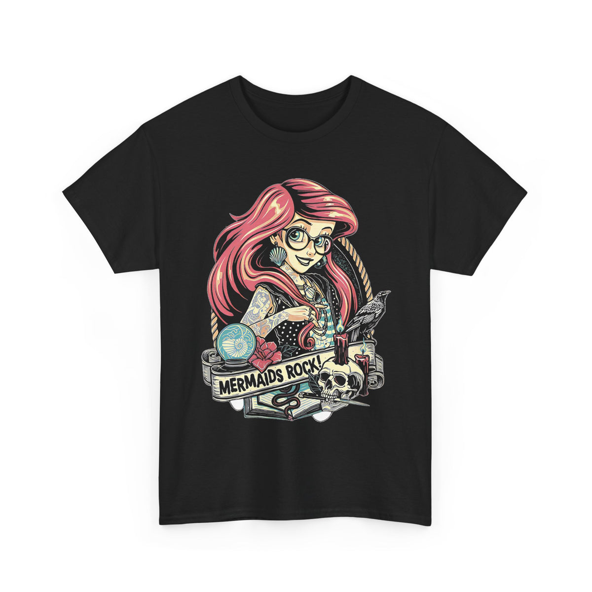 Mermaid Skull Tattoo Mermaid Rock Tee | Retro Pinup Ariel Style
