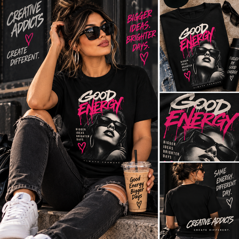 Good Energy Graphic Tee | Women’s Urban Streetwear Halftone Shirt | Positive Vibes Graphic T-Shirt