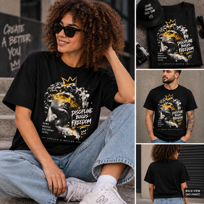 Discipline Builds Freedom Graphic Tee | Men’s Urban Streetwear Halftone Shirt | Hustle Graphic T-Shirt