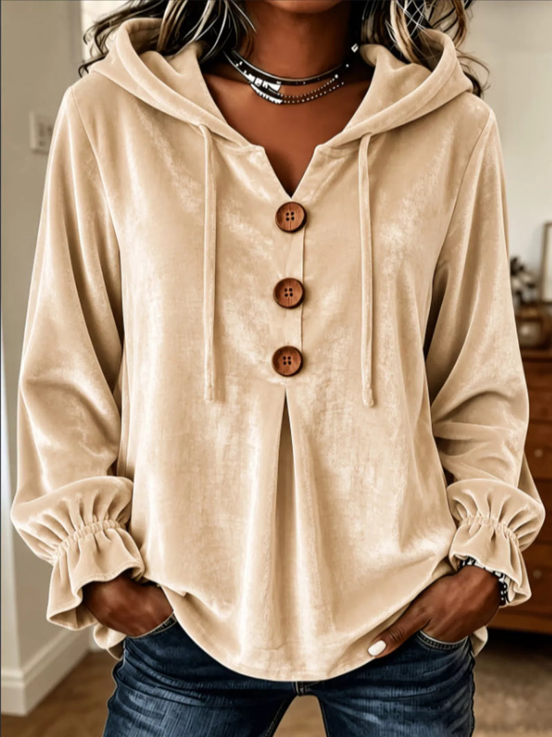 Full Size Decorative Buttons Velvet Hoodie Plus Size